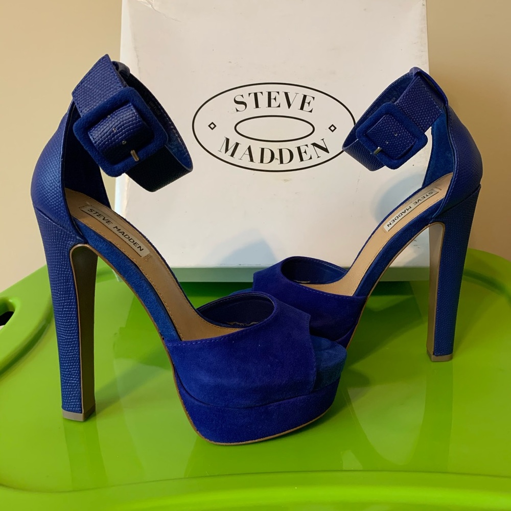 Suede and leather open toe platform heels